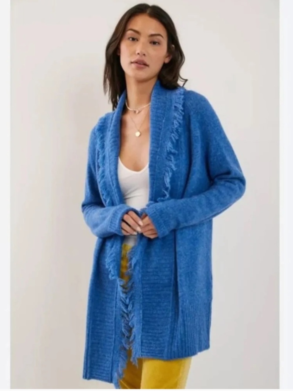 Anthropologie Elsa Fringe Cardigan XS Blue Open Front Oversized Cozy Knit